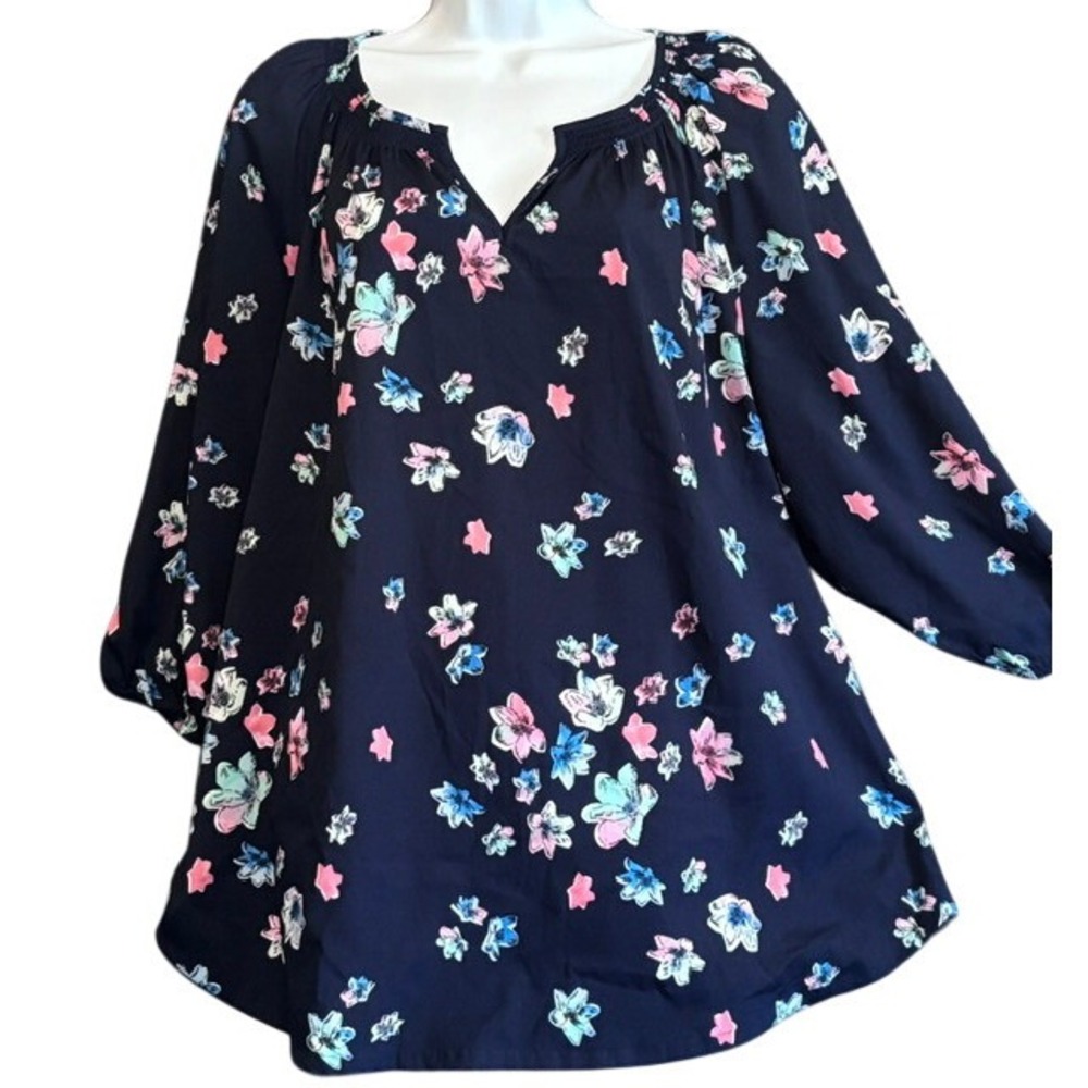 Motherhood Maternity Oh Baby Navy Floral 3/4 Sleeve Split Neck Blouse Top L